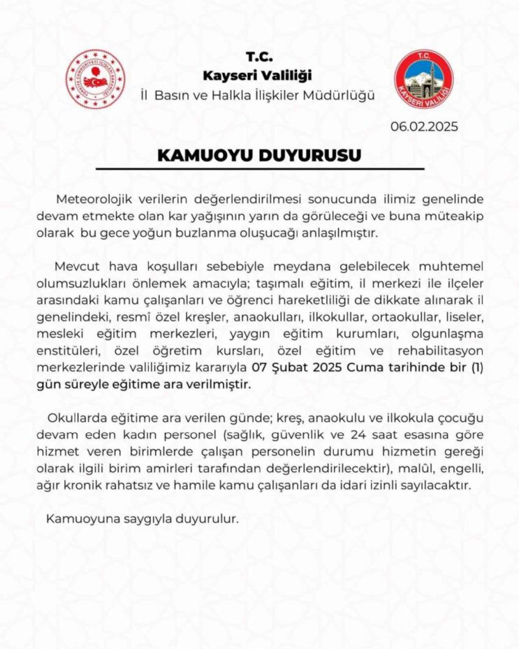 Kayseri’de eğitime 1 gün daha ara verildi