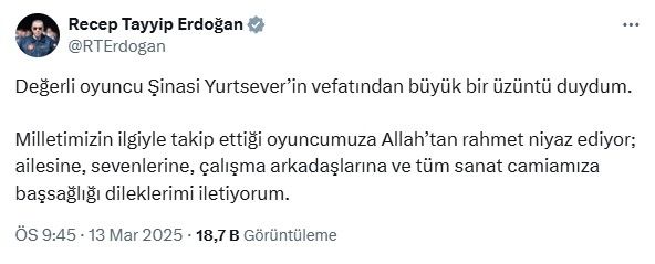 Cumhurbaşkanı Erdoğan’dan oyuncu Şinasi Yurtsever için taziye mesajı