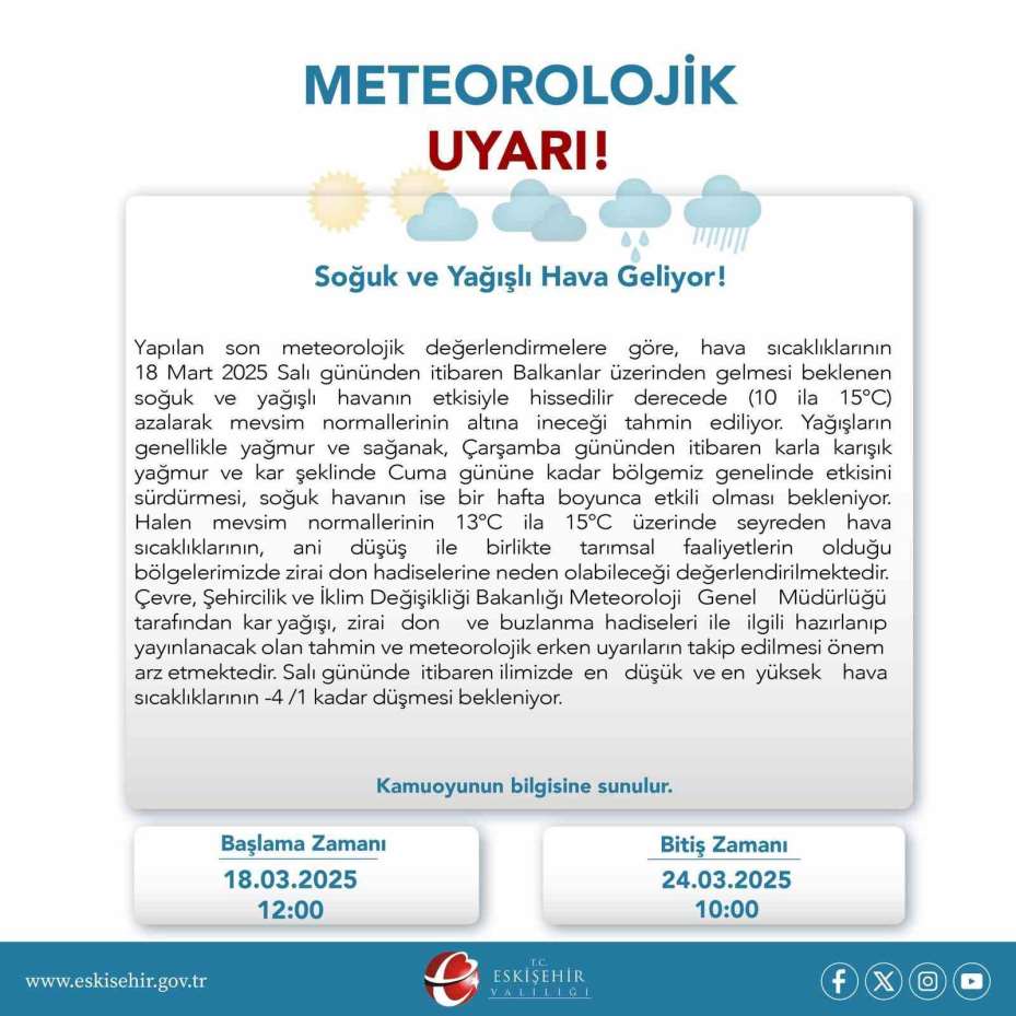 Eskişehir Valiliği’nden meteoroloji uyarı