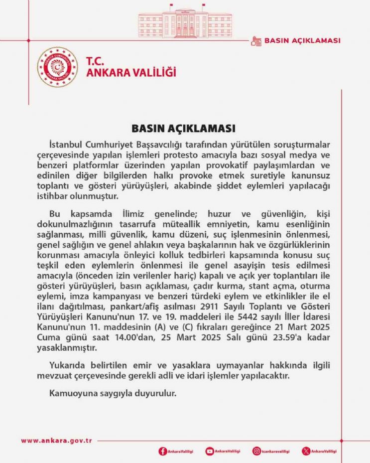 Ankara Valiliğinden de 5 günlük eylem yasağı kararı