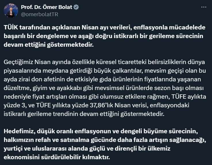 Ticaret Bakanı Bolat: "Nisan verileri, enflasyondaki gerileme trendinin devam ettiğini göstermektedir"