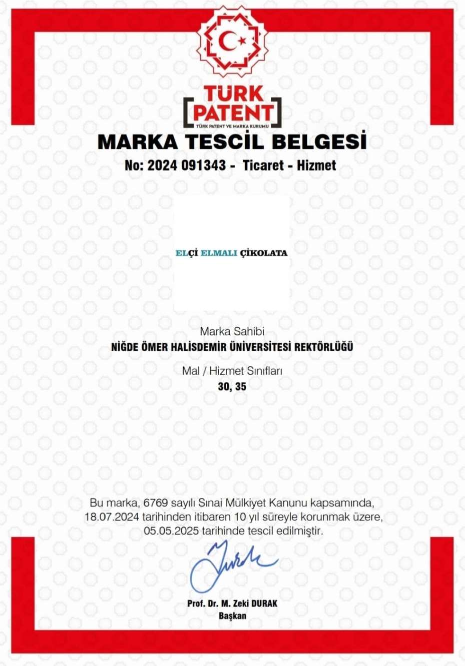NÖHÜ’nün ’Elçi Elmalı Çikolata’ markası tescillendi