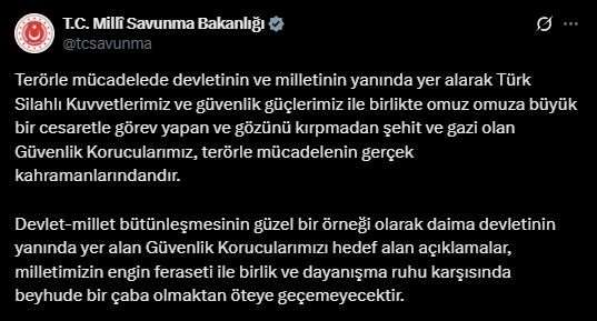 MSB: "Güvenlik korucularımızı hedef alan açıklamalar beyhude bir çabadan öteye geçmeyecektir"