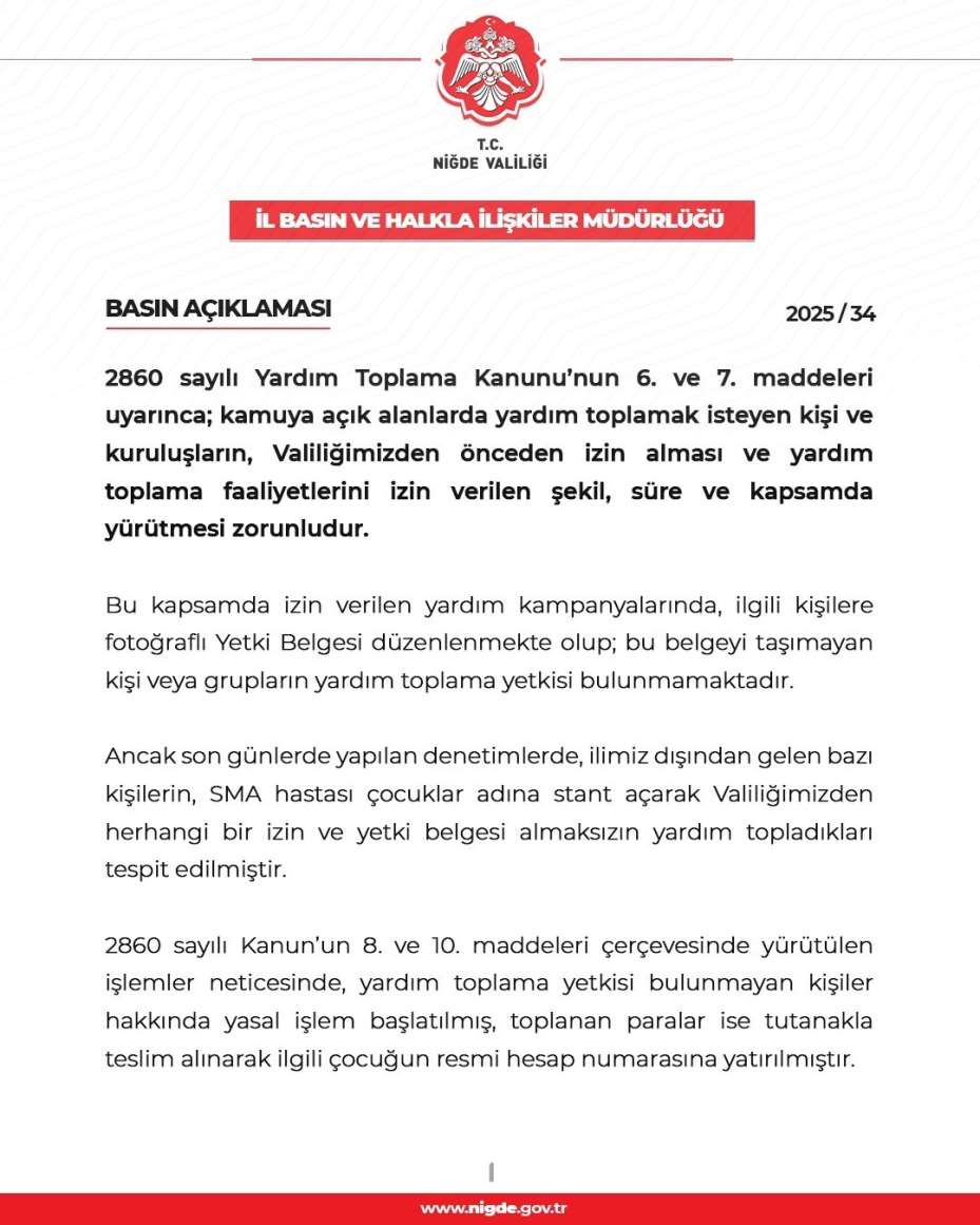 Niğde Valiliği’nden izinsiz yardım toplamaya karşı uyarı