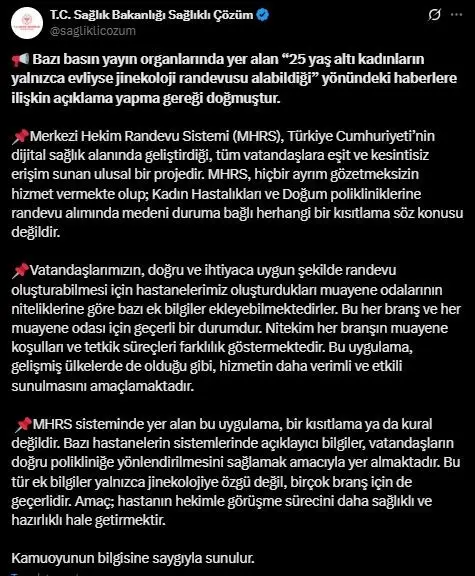 Sağlık Bakanlığı’ndan 25 yaşından küçük bekar kadınların jinekoloji randevusu alınmadığı iddiasına ilişkin açıklama
