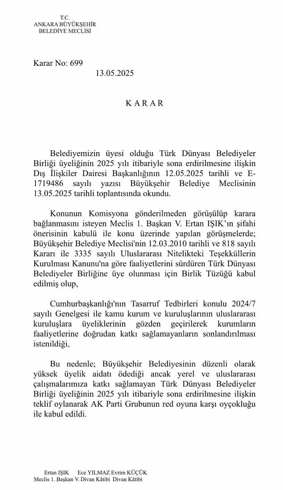 CHP’li Ankara Büyükşehir Belediyesi, Türk Dünyası Belediyeler Birliği’nden çekilme kararı aldı
