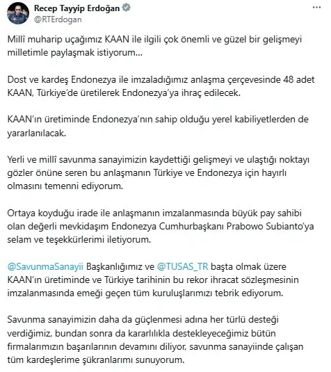Cumhurbaşkanı Erdoğan duyurdu: Türkiye’den Endonezya’ya 48 KAAN’lık tarihi ihracat