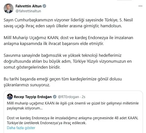 Fahrettin Altun: "Türkiye, KAAN ile 5. Nesil savaş uçağı ihraç eden sayılı ülkeler arasında"