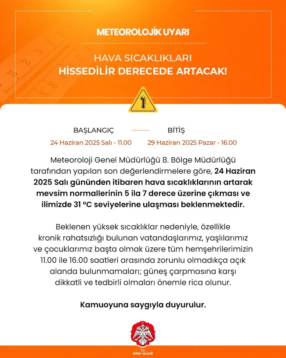 Niğde Valiliğinden Sıcak Hava Uyarısı