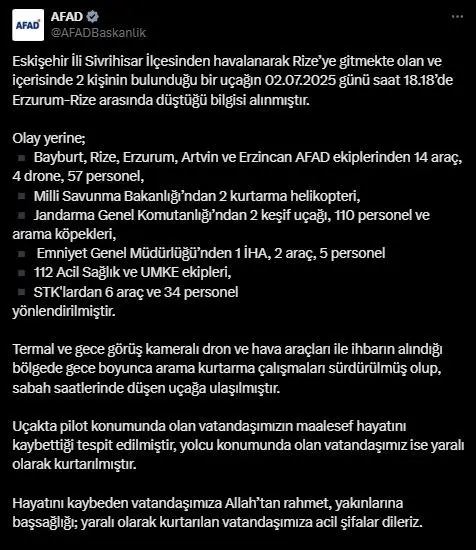 AFAD: "Eskişehir’den Rize’ye giderken düşen uçağın enkazına ulaşıldı"