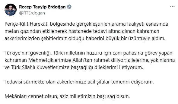 Cumhurbaşkanı Erdoğan’dan Pençe-Kilit bölgesindeki şehitler için taziye mesajı