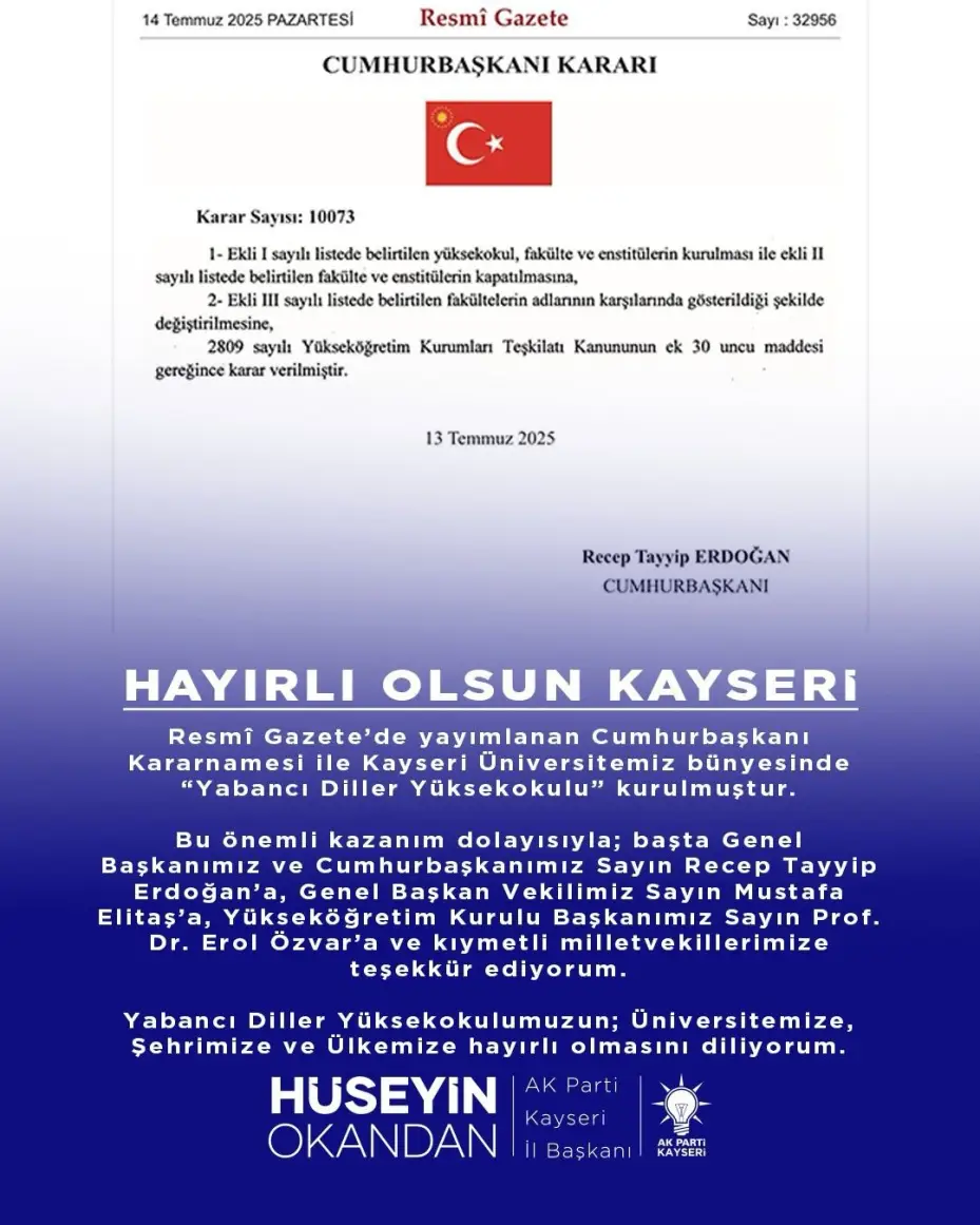 Kayseri’ye Yabancı Diller Yüksekokulu müjdesi