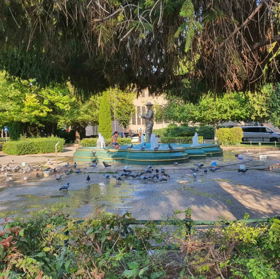 Sıcaklardan bunalan çocuklar süs havuzuna girerek serinlemeye çalıştı