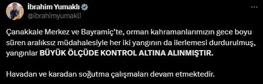 Bakan Yumaklı: "Yangınlar büyük ölçüde kontrol altına alınmıştır"