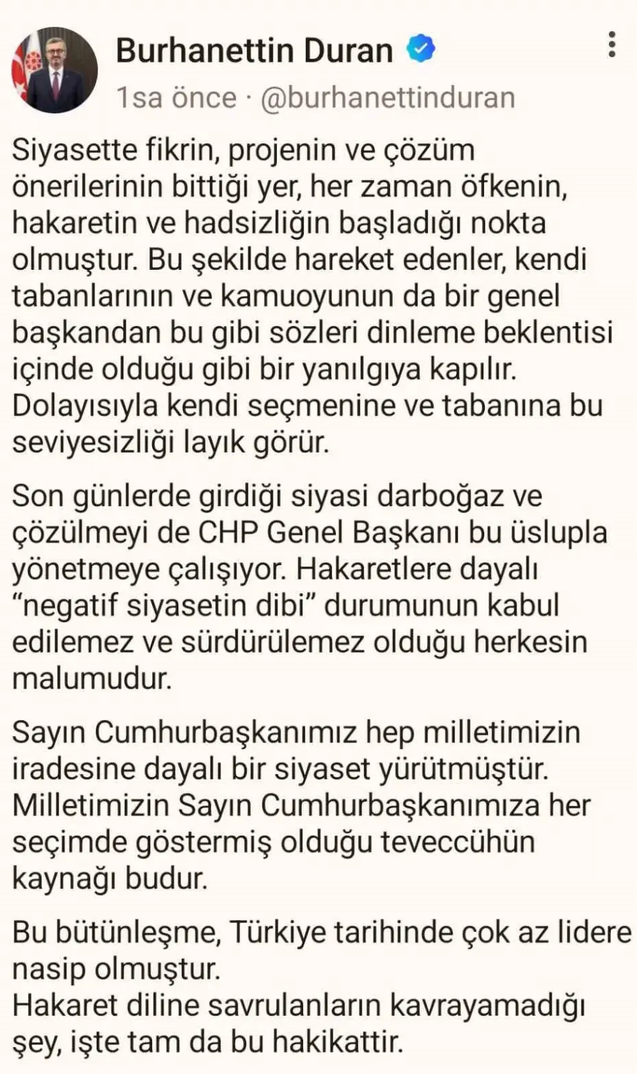 İletişim Başkanı Duran: "Hakaret dilinden Özel’in bir an önce kurtulması gerekiyor"