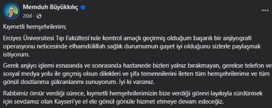 Başkan Büyükkılıç: "Sağlık durumumun gayet iyi olduğunu sizlerle paylaşmak istiyorum"
