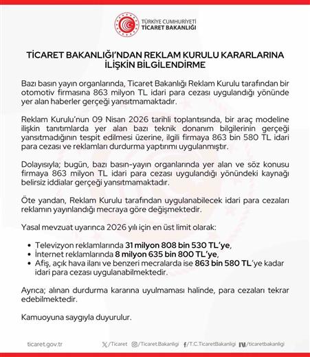 Ticaret Bakanlığı: "Bir otomotiv firmasına 863 milyon lira ceza uygulandığı haberleri gerçeği yansıtmamaktadır"