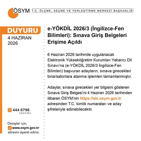 e-YÖKDİL 2026/3 sınava giriş belgeleri erişime açıldı