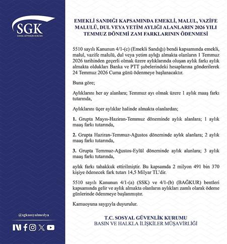 Emekli Sandığı kapsamındaki zam farkı ödemeleri 24 Temmuz’da başlayacak