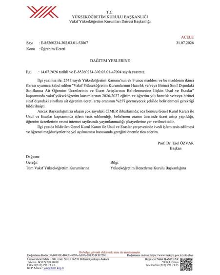 YÖK’ten öğrenim ücreti artışına ilişkin vakıf üniversitelerine uyarı yazısı