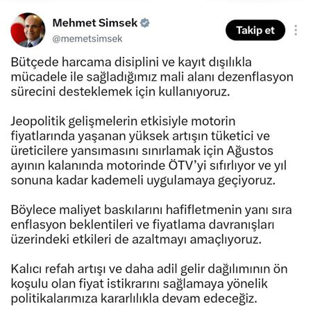 Bakan Şimşek: "Dezenflasyon sürecini destekliyoruz"