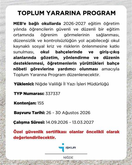 Niğde İŞKUR’dan okullar için 155 kişilik TYP duyurusu