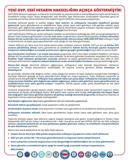 Memur-Sen’den OVP açıklaması: "Kamu görevlisi ve emeklisinin görev aylığı ile emekli aylığı arasındaki makasın kapatılmasını bekliyoruz"