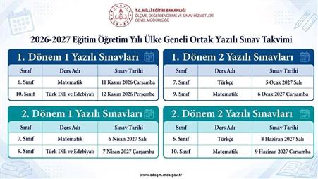 2026-2027 eğitim öğretim yılı ülke geneli yazılı sınav yapılacak dersler ve sınav tarihleri açıklandı
