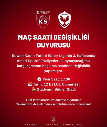 Kayseri Kadın FK’nın Amed’i konuk edeceği maçın saati değişti