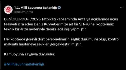 MSB: "DENİZKURDU-II/2025 tatbikatında askeri helikopter denize acil iniş yaptı"