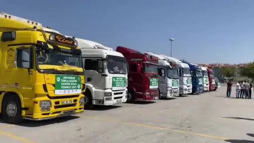 Konya’dan Adıyaman’a 100 çiftin düğünü için çeyiz yardımları tırlarla yola çıktı