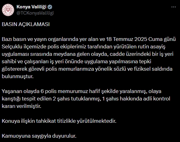 Konya Valiliğinden polislere saldırı olayıyla ilgili açıklama