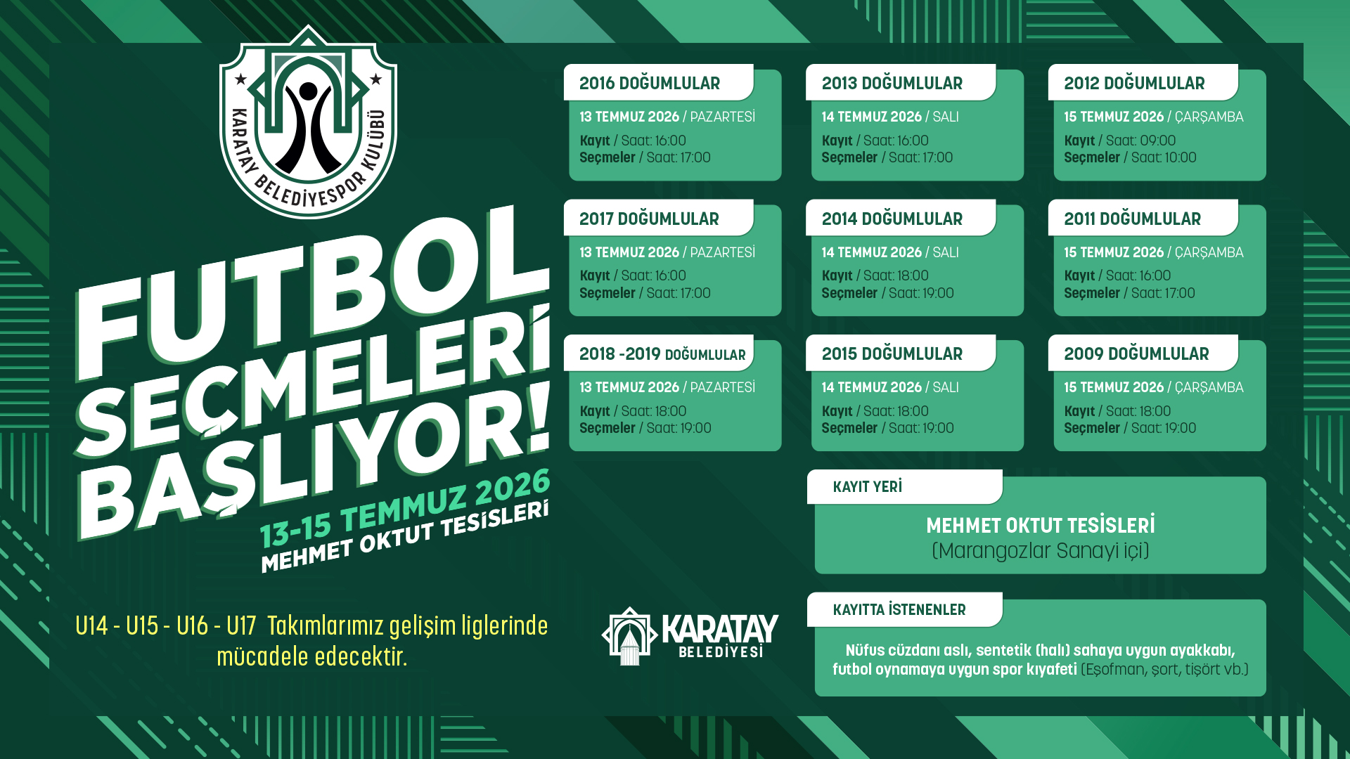 Karatay Belediyespor Kulübü'nde Futbolcu Seçmeleri Başlıyor
